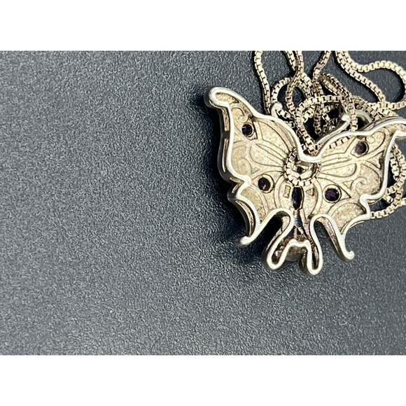 Vintage Sterling Silver Butterfly Pendant Amethyst Enamel 17" Box Chain Italy - Picture 7 of 13